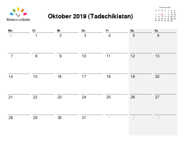 Kalender für 2019 in Tadschikistan
