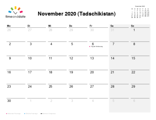 Kalender für 2020 in Tadschikistan