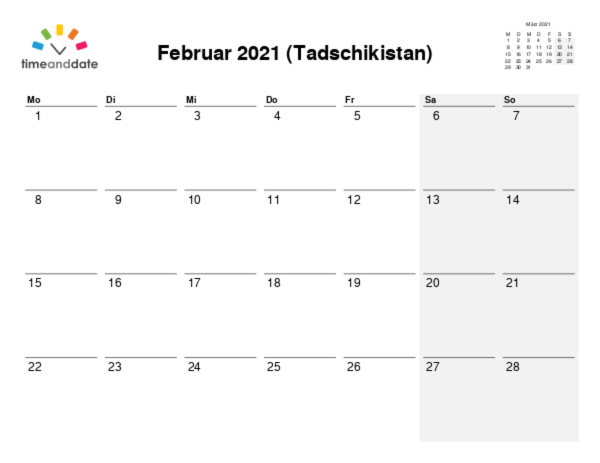 Kalender für 2021 in Tadschikistan