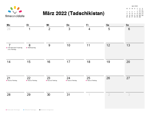 Kalender für 2022 in Tadschikistan