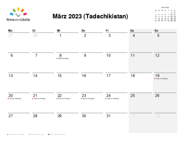 Kalender für 2023 in Tadschikistan