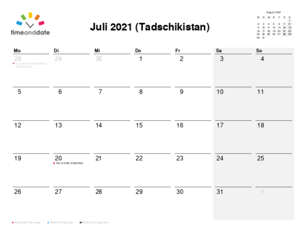 Kalender für 2021 in Tadschikistan