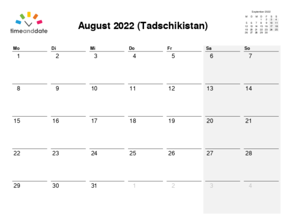 Kalender für 2022 in Tadschikistan
