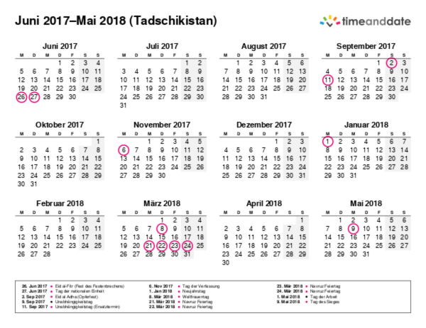 Kalender für 2017 in Tadschikistan