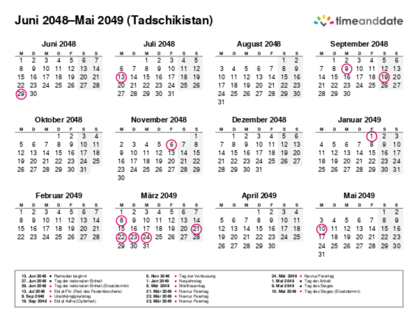 Kalender für 2048 in Tadschikistan