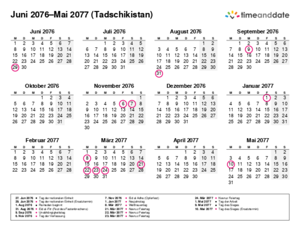 Kalender für 2076 in Tadschikistan