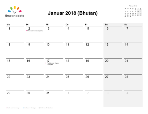 Kalender für 2018 in Bhutan