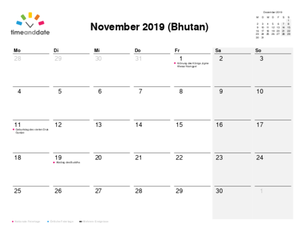 Kalender für 2019 in Bhutan
