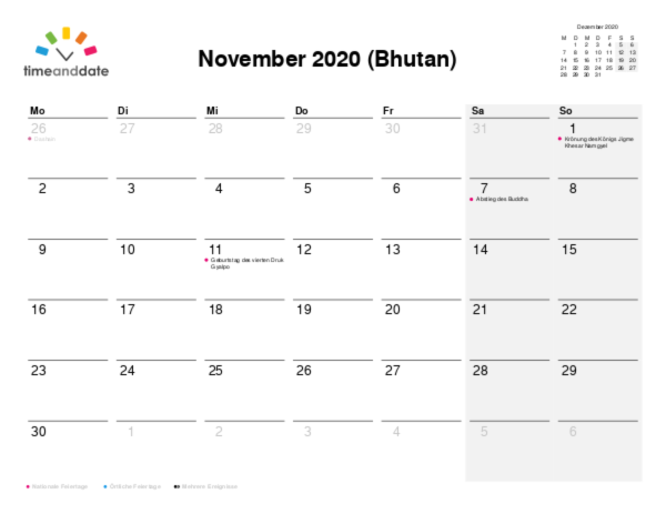 Kalender für 2020 in Bhutan