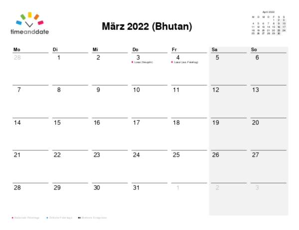 Kalender für 2022 in Bhutan