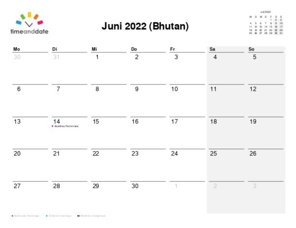 Kalender für 2022 in Bhutan