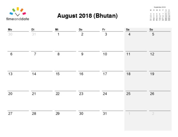 Kalender für 2018 in Bhutan