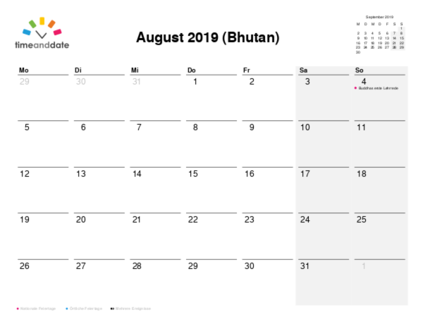 Kalender für 2019 in Bhutan
