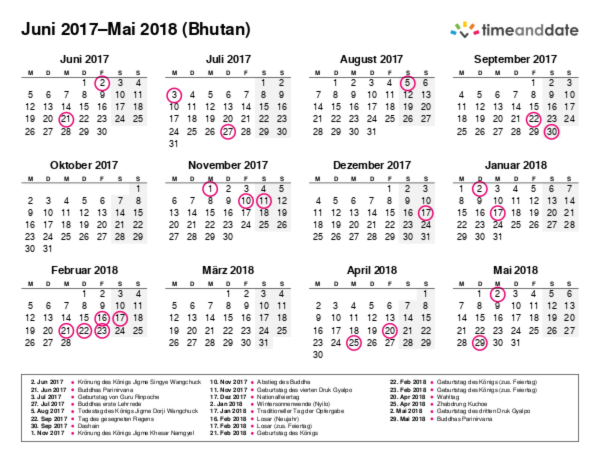 Kalender für 2017 in Bhutan