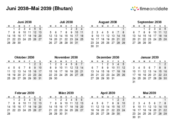 Kalender für 2038 in Bhutan