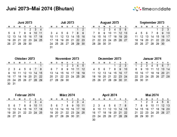 Kalender für 2073 in Bhutan