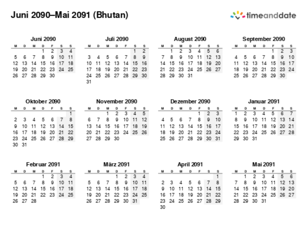 Kalender für 2090 in Bhutan
