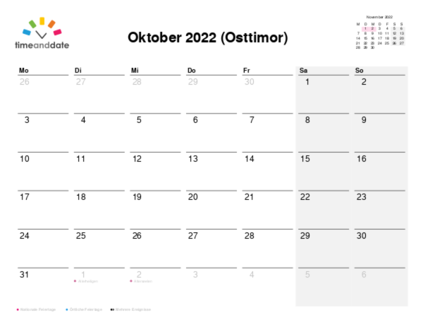 Kalender für 2022 in Osttimor