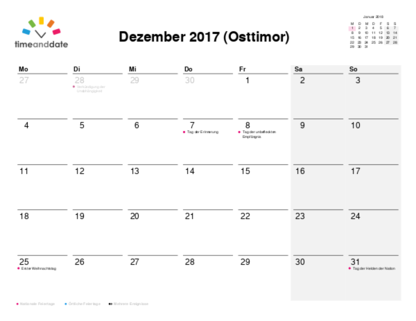 Kalender für 2017 in Osttimor