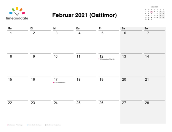 Kalender für 2021 in Osttimor