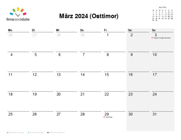 Kalender für 2024 in Osttimor