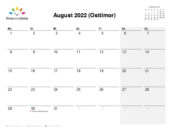 Kalender für 2022 in Osttimor
