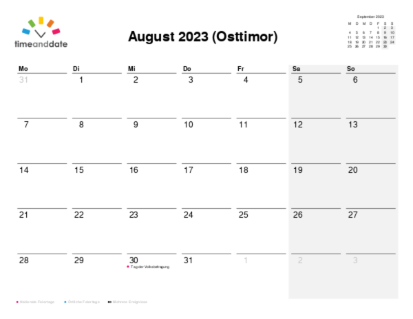 Kalender für 2023 in Osttimor