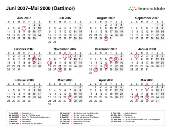 Kalender für 2007 in Osttimor