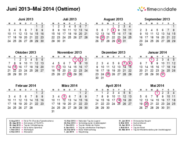 Kalender für 2013 in Osttimor