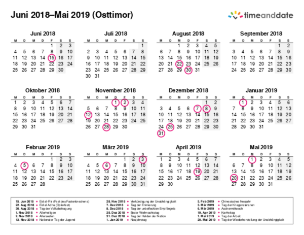 Kalender für 2018 in Osttimor