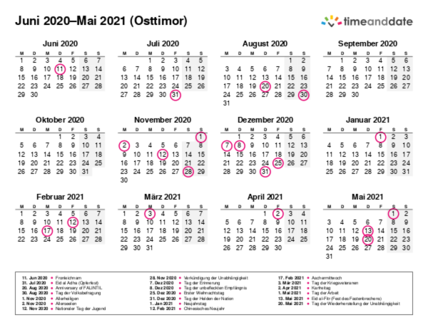 Kalender für 2020 in Osttimor