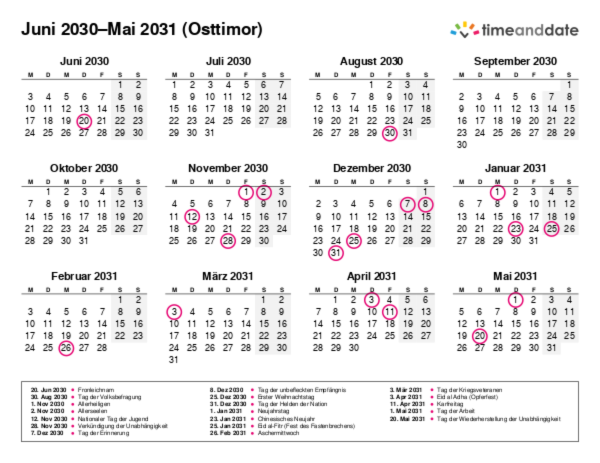 Kalender für 2030 in Osttimor