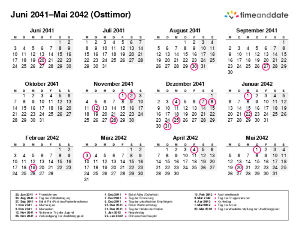 Kalender für 2041 in Osttimor