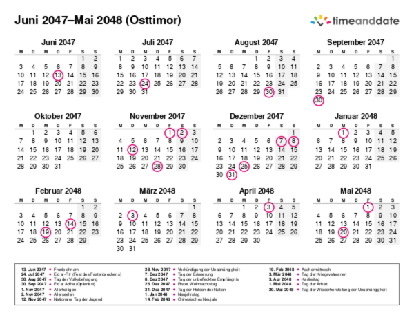 Kalender für 2047 in Osttimor