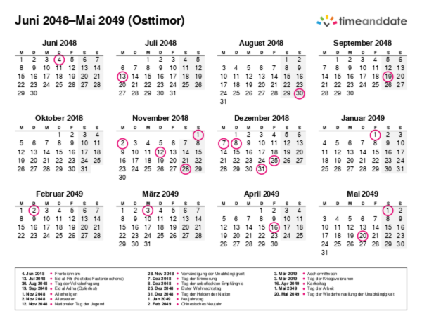 Kalender für 2048 in Osttimor