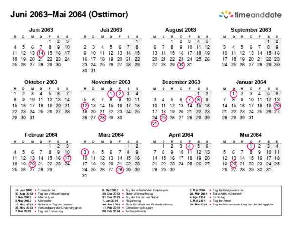 Kalender für 2063 in Osttimor