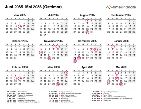Kalender für 2085 in Osttimor