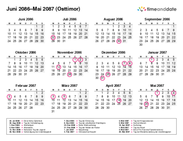 Kalender für 2086 in Osttimor