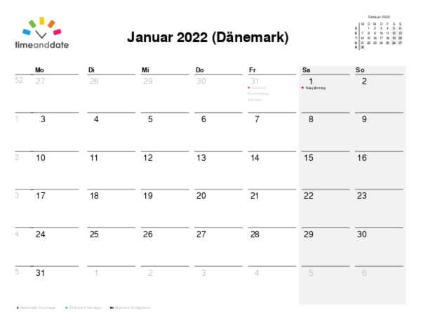 Kalender für 2022 in Dänemark
