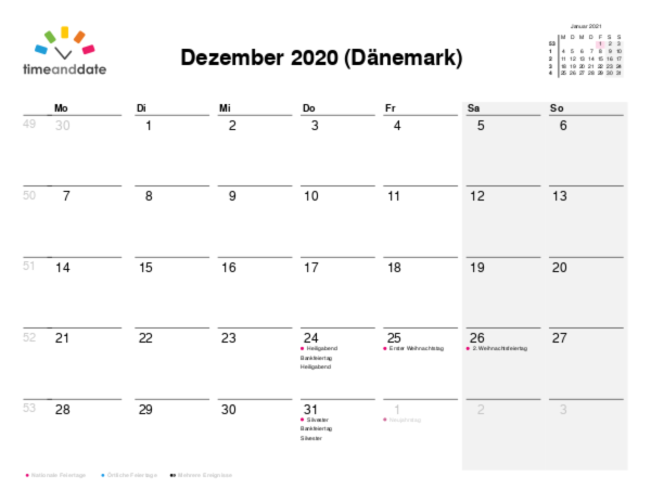 Kalender für 2020 in Dänemark