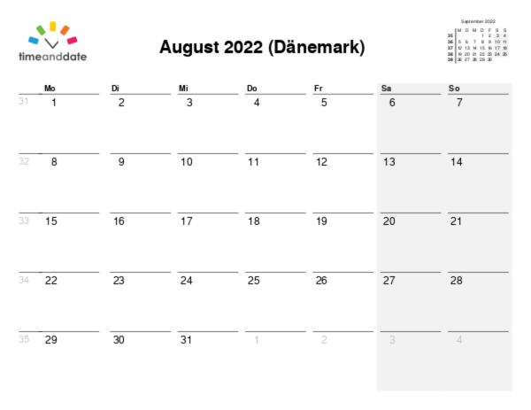 Kalender für 2022 in Dänemark