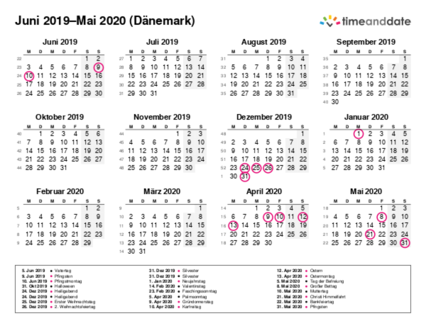 Kalender für 2019 in Dänemark