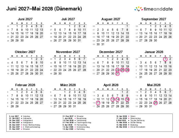 Kalender für 2027 in Dänemark