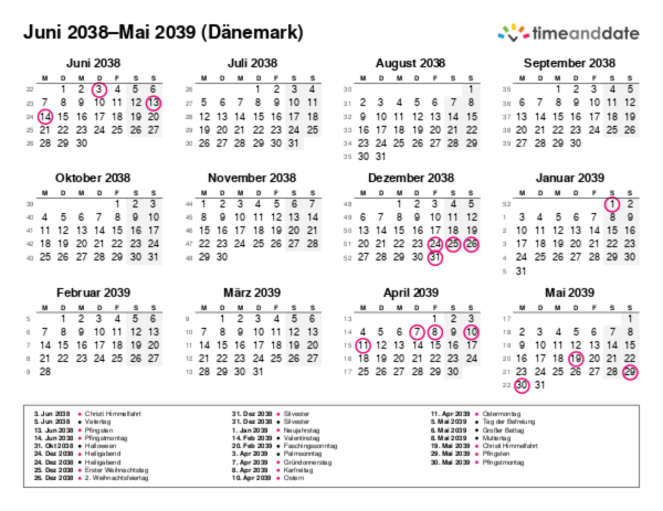 Kalender für 2038 in Dänemark