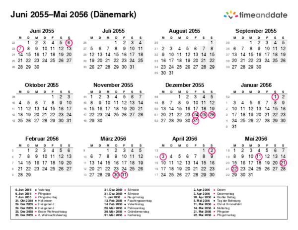 Kalender für 2055 in Dänemark