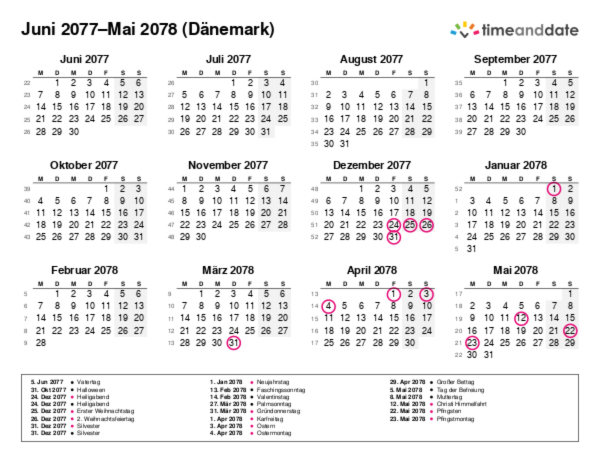 Kalender für 2077 in Dänemark