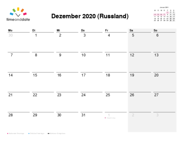 Kalender für 2020 in Russland