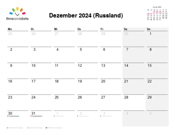 Kalender für 2024 in Russland