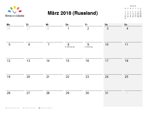 Kalender für 2018 in Russland