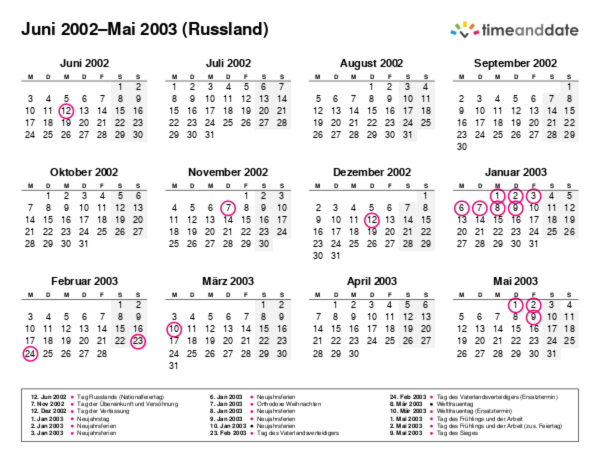 Kalender für 2002 in Russland